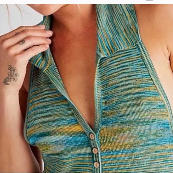 Free People romper shorts halter Summer Nights green knit sweater XS NEW - Picture 3 of 6